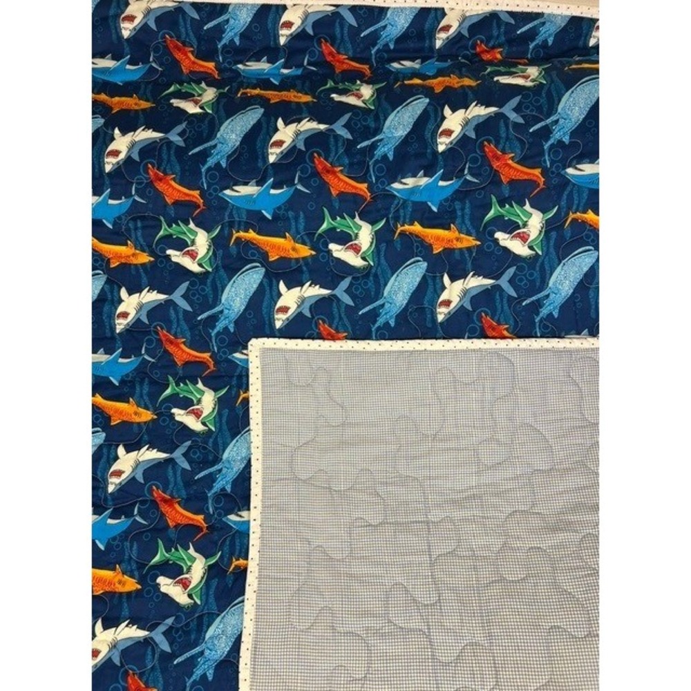 Handmade Shark Print Quilt Navy Blue Gingham Reverse 48x40 Nursery Throw